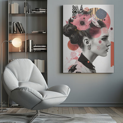 A modern collage artwork featuring a black and white profile portrait of a woman with an elegant updo. Her face and hair are adorned with colorful abstract shapes, including pink and orange circles, geometric patterns, and a large, semi-transparent pink flower. Artwork