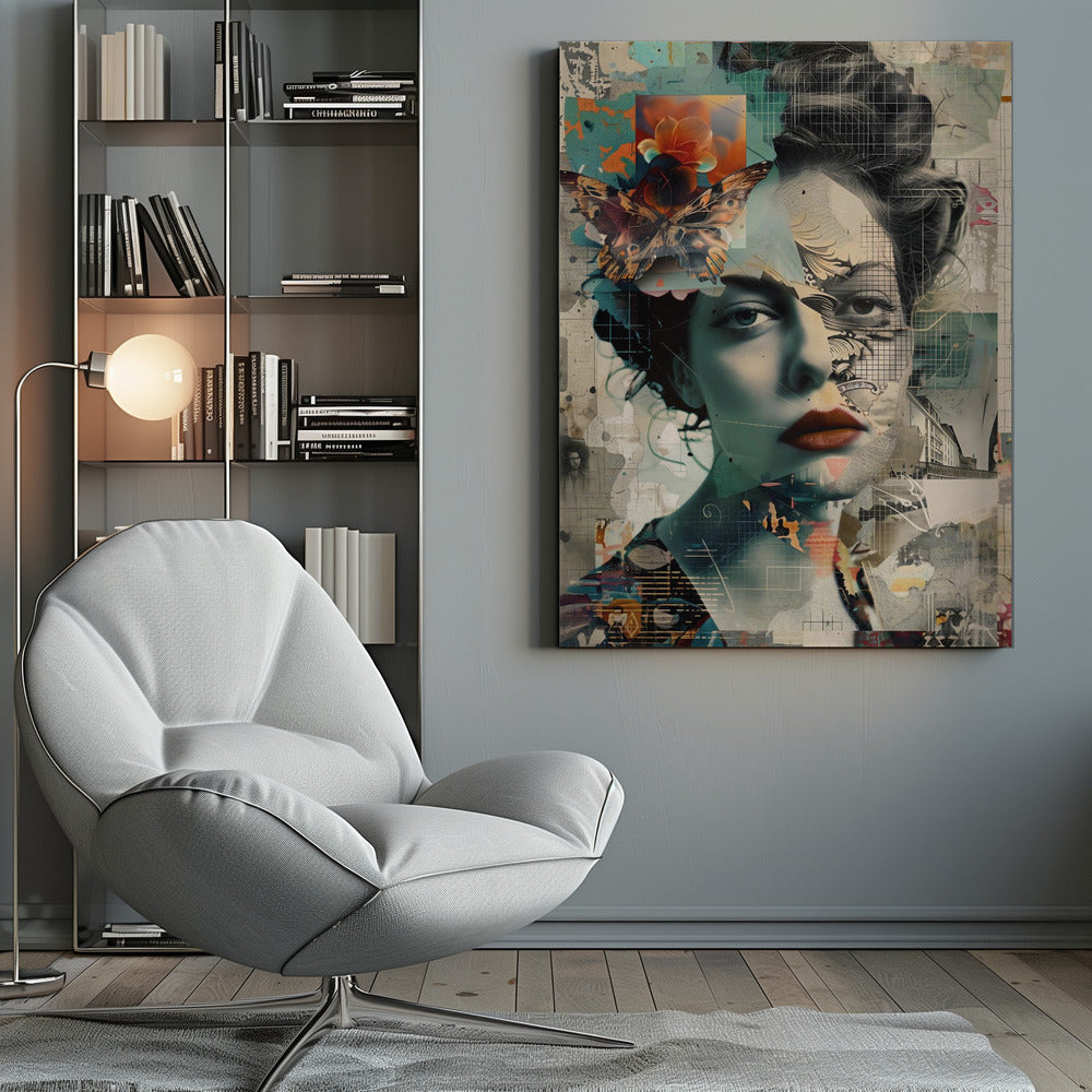 A framed abstract collage featuring the fragmented portrait of a woman. Her face is overlaid with grid patterns, torn paper textures, and illustrations. A large, detailed butterfly and a vibrant orange flower are placed near her left temple. The overall composition is a complex layering of architectural sketches, abstract shapes, and muted tones of teal, beige, and black, with a pop of red on the woman's lips. Artwork