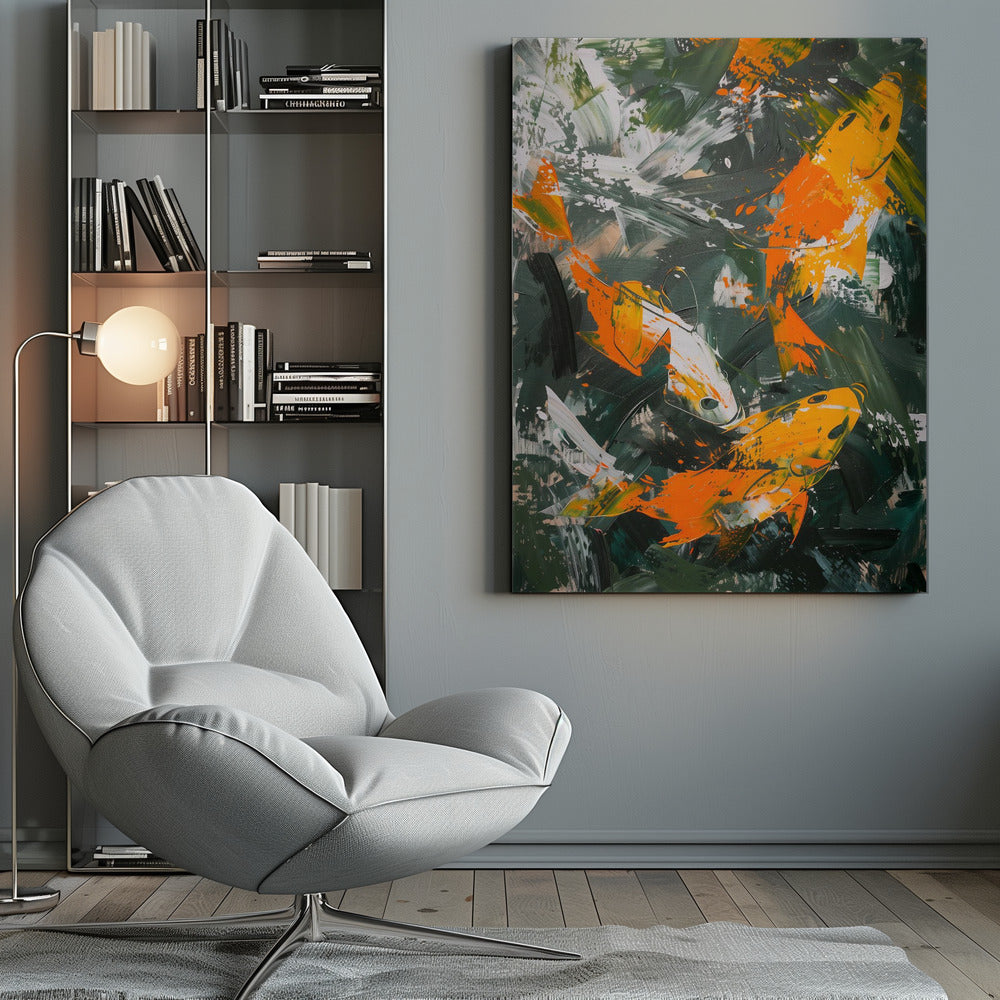 An abstract, vertical painting depicting several koi fish swimming amongst each other. The fish are rendered in bold strokes of orange, yellow, and white, set against a dark, expressive background of green and black brushstrokes. The painting has a textured, impasto style and is presented in a simple black frame. Decor