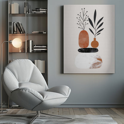 A minimalist abstract illustration featuring a balanced stack of organic shapes. At the bottom is a large white textured stone, followed by a flat black stone, and topped with two terracotta-colored vases. Stylized black plants with leaves and berries sprout from the vases against a light cream background. Wall Art