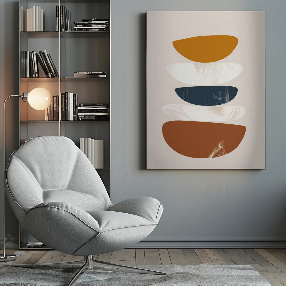 A framed abstract painting with a stack of five flattened, semi-circular shapes against a light beige background. From top to bottom, the shapes are colored mustard yellow, textured white, dark navy blue, textured white, and a larger rust brown. Wall Art
