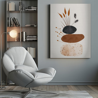 A minimalist abstract artwork featuring a stack of three organic, stone-like shapes against an off-white background, framed in black. The bottom shape is a speckled beige, the middle is a solid terracotta brown, and the top is a textured charcoal black. Various stylized botanical elements, including brown reeds and black fuzzy stems, emerge from behind the stack. Decor