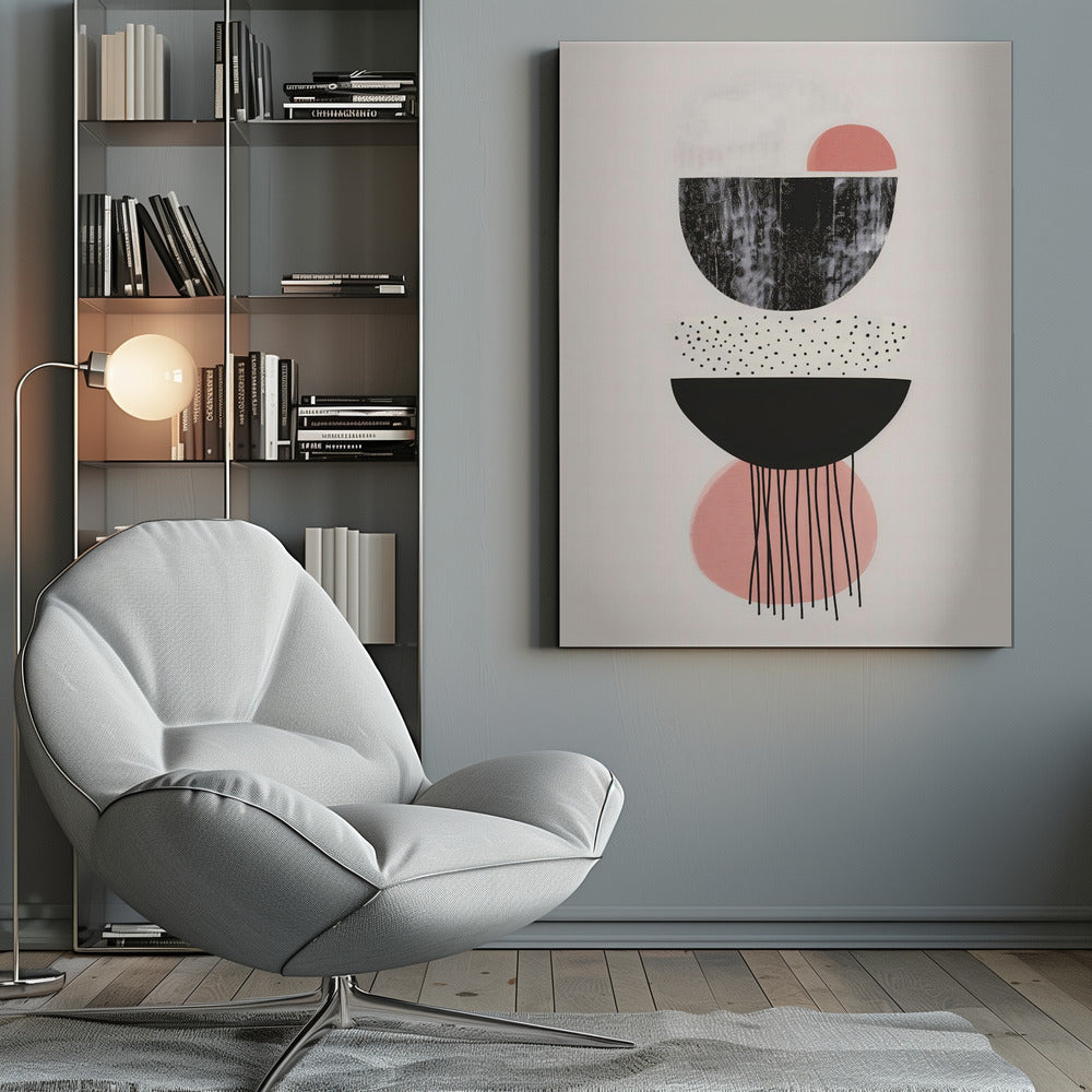 A framed modern abstract art piece with a vertical composition of stacked geometric shapes on a light cream background. The shapes include black and pink semi-circles, some with distressed or polka-dotted textures, and thin black lines dripping downwards from the bottom. Poster