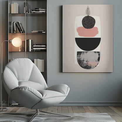 A modern abstract art piece with a vertical composition against a beige background. It features a stack of shapes: a textured black and grey semi-circle at the bottom, a solid black semi-circle, a splotch of muted pink paint, and a textured black circle at the top from which a simple black line drawing of a leaf emerges. The entire piece is in a black frame. Decor
