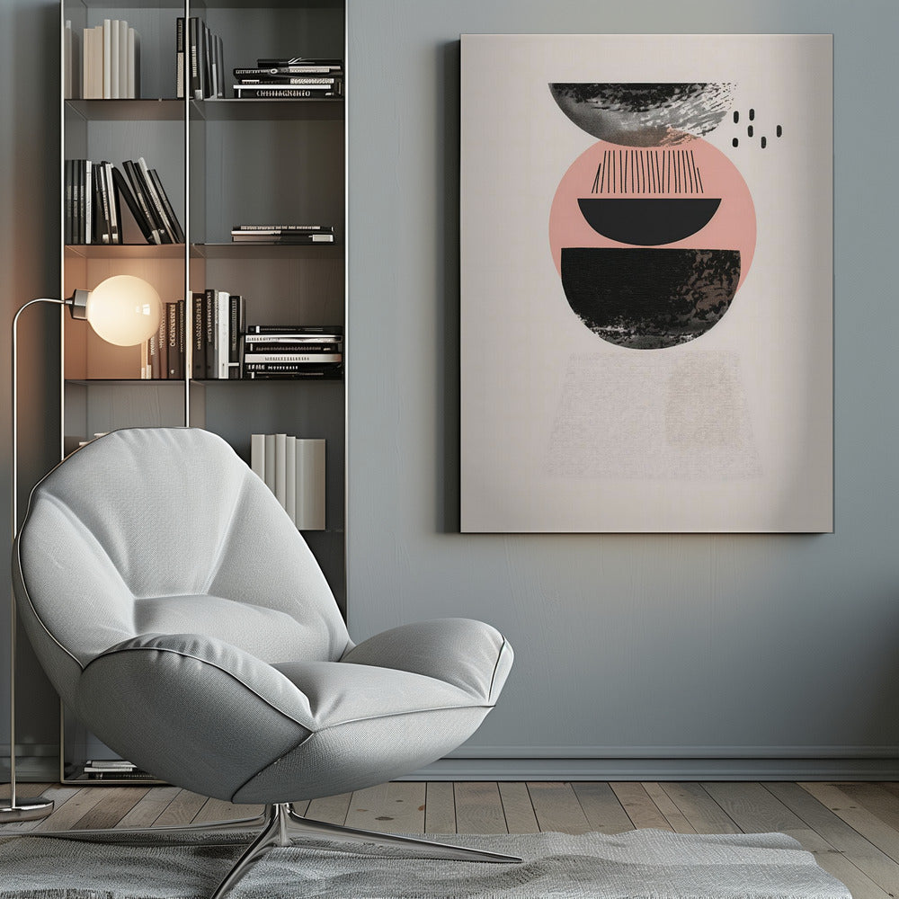 A framed modern abstract artwork with a vertical composition. On a cream background, a stack of geometric shapes in black and pink is depicted, featuring textured semi-circles, a large pink circle, and fine black lines, creating a balanced and minimalist design. Artwork