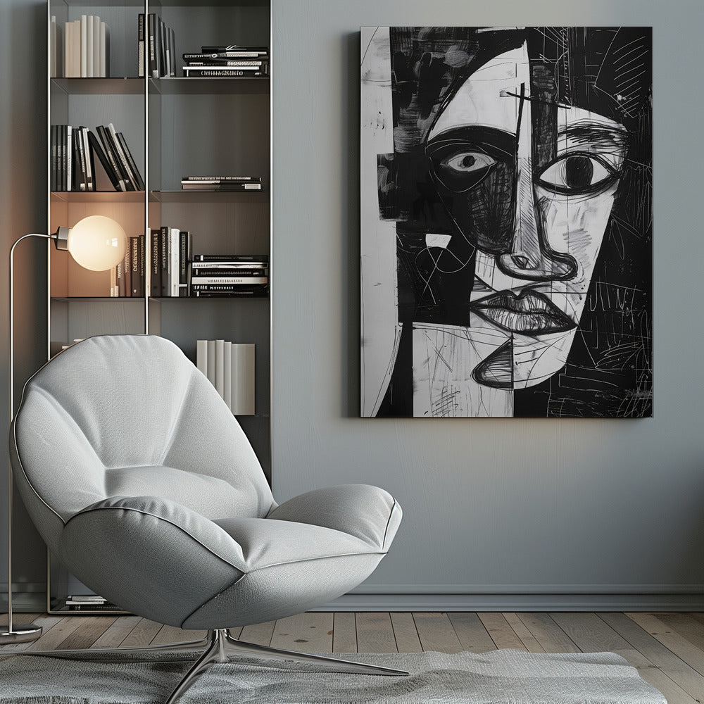 A striking black and white abstract portrait of a face, rendered in a cubist-inspired style. The features are fragmented and asymmetrical, with bold black shapes contrasting against white areas filled with expressive, sketchy linework, creating a powerful and dramatic composition. Poster