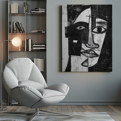 A striking black and white abstract portrait of a face, rendered in a cubist-inspired style. The features are fragmented and asymmetrical, with bold black shapes contrasting against white areas filled with expressive, sketchy linework, creating a powerful and dramatic composition. Poster