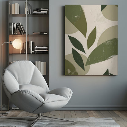 A framed abstract artwork featuring a collage of stylized leaf shapes in various shades of green, including olive and sage. The shapes overlap against a light beige background, and the entire piece has a distressed, textured finish with small black speckles. The composition is modern and botanical. Decor