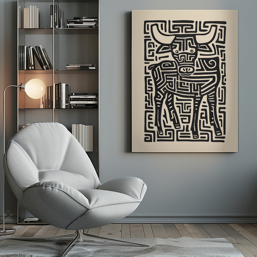 A stylized black and cream artwork of a bull, where the animal and its background are formed by a single, continuous maze-like or labyrinthine pattern of thick black lines on a cream-colored paper, enclosed in a thin black frame. Print