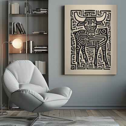 A stylized black and cream artwork of a bull, where the animal and its background are formed by a single, continuous maze-like or labyrinthine pattern of thick black lines on a cream-colored paper, enclosed in a thin black frame. Print