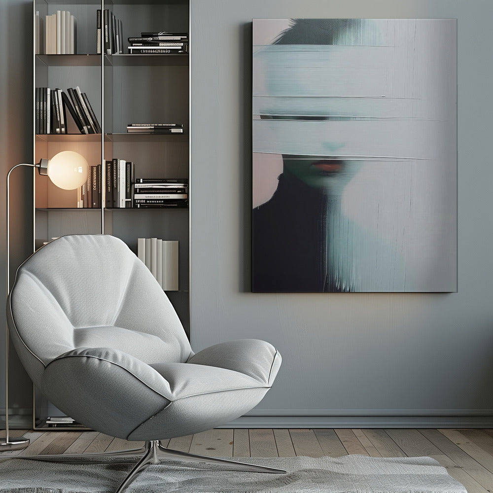 An abstract portrait of a person in a black turtleneck, their face is obscured by thick, horizontal and vertical strokes of pale blue-gray paint, leaving only their mouth visible. The artwork is presented in a simple black frame. Poster