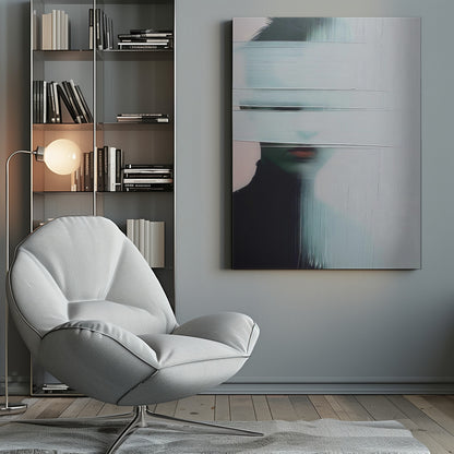 An abstract portrait of a person in a black turtleneck, their face is obscured by thick, horizontal and vertical strokes of pale blue-gray paint, leaving only their mouth visible. The artwork is presented in a simple black frame. Poster