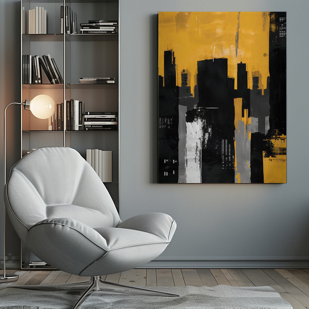 An abstract painting of a city skyline with stark black, grey, and white building silhouettes set against a vibrant, textured mustard yellow sky, framed in black. Artwork