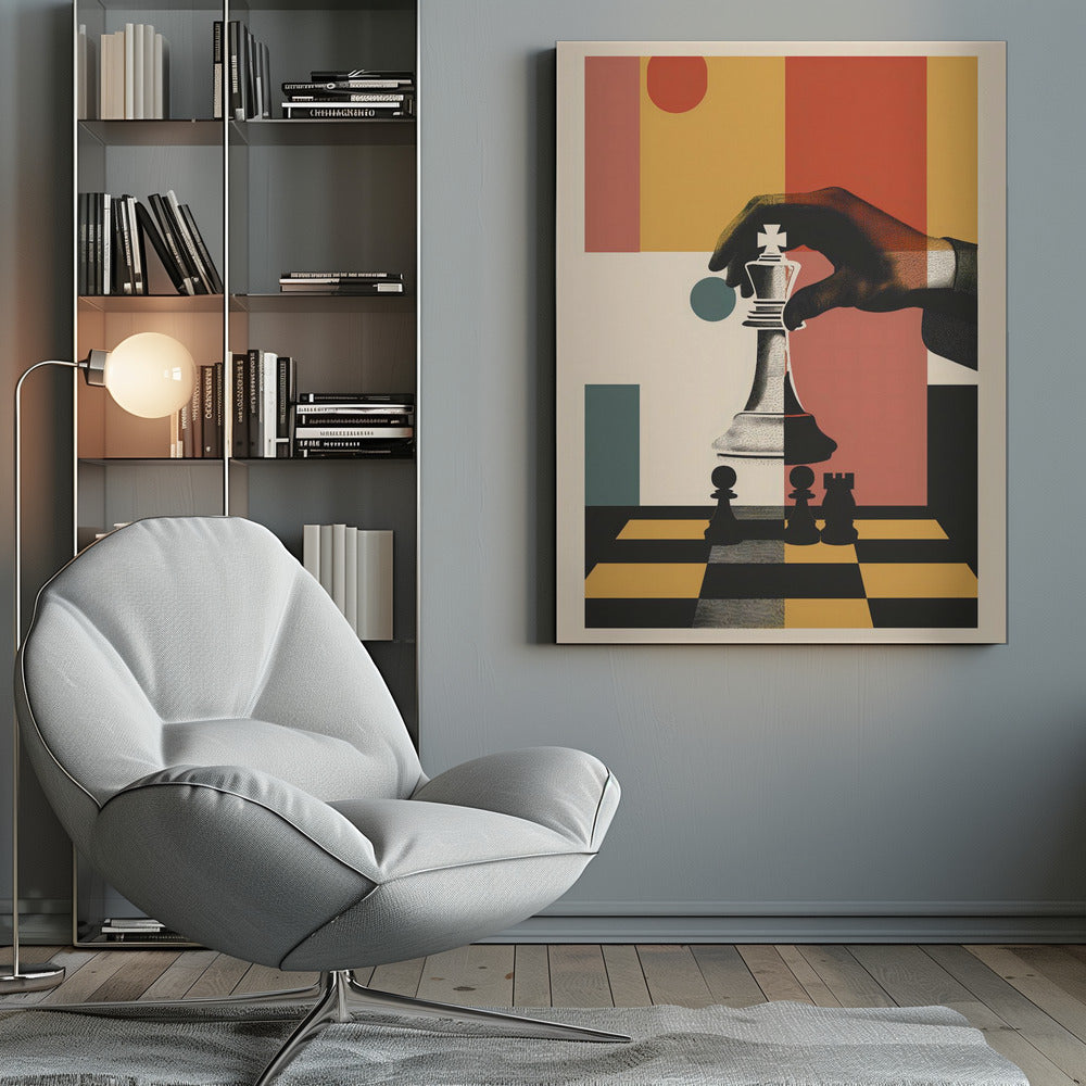 A modern graphic art poster of a hand moving a white king chess piece on a black and yellow chessboard. The background is a collage of abstract geometric shapes in red, orange, yellow, and teal. Decor