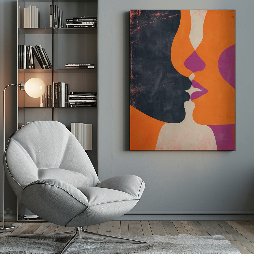An abstract, modern illustration depicting the profiles of two figures about to kiss. One figure is a solid dark blue with a distressed texture, while the other is bright orange. Their overlapping lips are highlighted in magenta and off-white, creating a dynamic and intimate focal point. The artwork uses bold, flat color shapes and has a vintage, textured feel. Decor