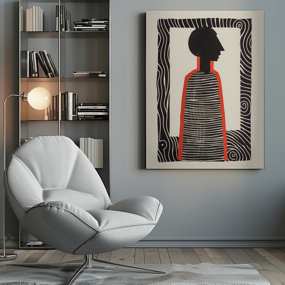 A modern graphic art print in a black frame, featuring a stylized silhouette of a person in profile. The figure has a black head and a striped black-and-white body, outlined in bold red. The background is off-white, and the central image is surrounded by a thick, patterned black-and-white border. Artwork