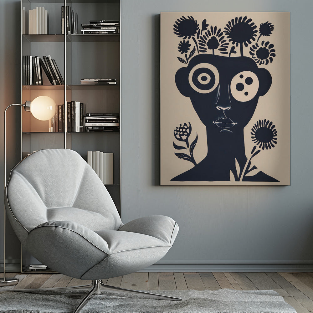 A two-tone abstract portrait of a person's head and shoulders in dark navy blue against a cream background. Stylized flowers and trees grow from the top of the head like hair. The eyes are large and graphic, one a target-like pattern and the other with multiple dots. The piece has a modern, minimalist, and surreal feel. Poster