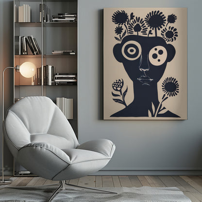 A two-tone abstract portrait of a person's head and shoulders in dark navy blue against a cream background. Stylized flowers and trees grow from the top of the head like hair. The eyes are large and graphic, one a target-like pattern and the other with multiple dots. The piece has a modern, minimalist, and surreal feel. Poster