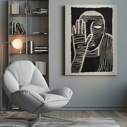 A high-contrast black and white linocut or woodcut print depicting a person from the chest up. The figure holds a hand up to their face, partially obscuring it, with one eye visible. The artwork is characterized by bold, white horizontal and vertical lines carved out of a solid black background. Print