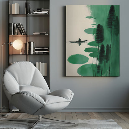 A minimalist, Asian-inspired ink painting depicting a lone figure in a small black boat on a calm, off-white body of water. The right side of the artwork features abstract green shapes, including large lily pad-like forms and tall, dark stylized trees or reeds against a background of vertical green brushstrokes. The scene evokes a sense of tranquility and solitude. Print