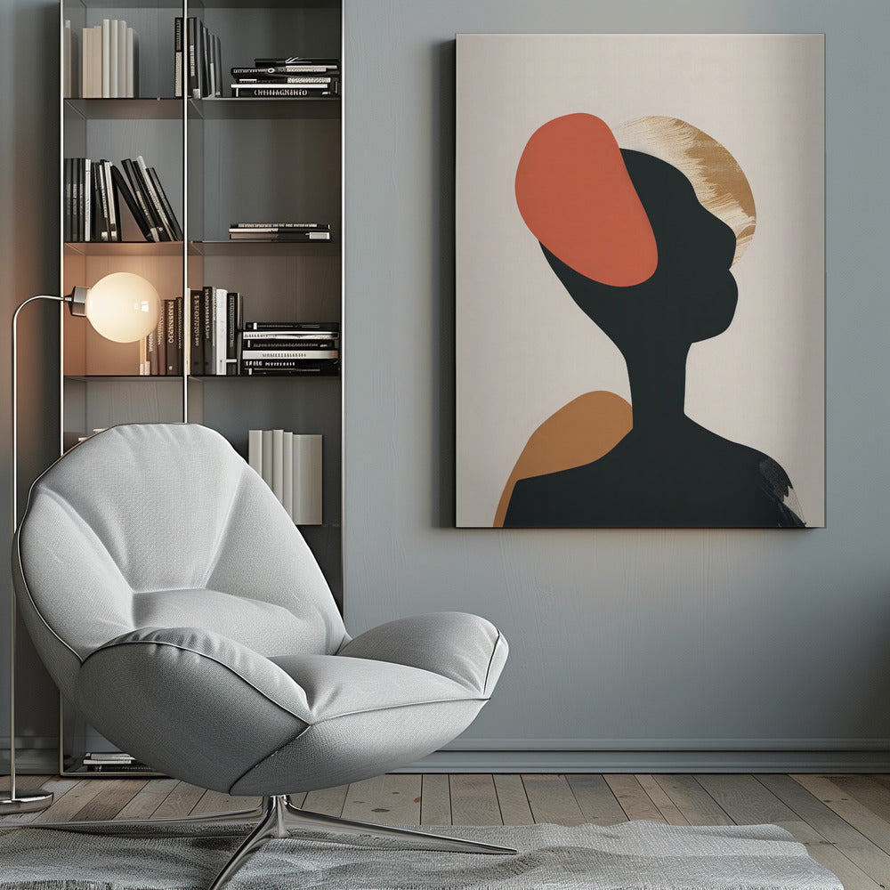 An abstract art print in a black frame featuring the silhouette of a person's head and shoulders against a light beige background. The black silhouette is overlaid with large, organic shapes in burnt orange, ochre, and a textured gold. Decor