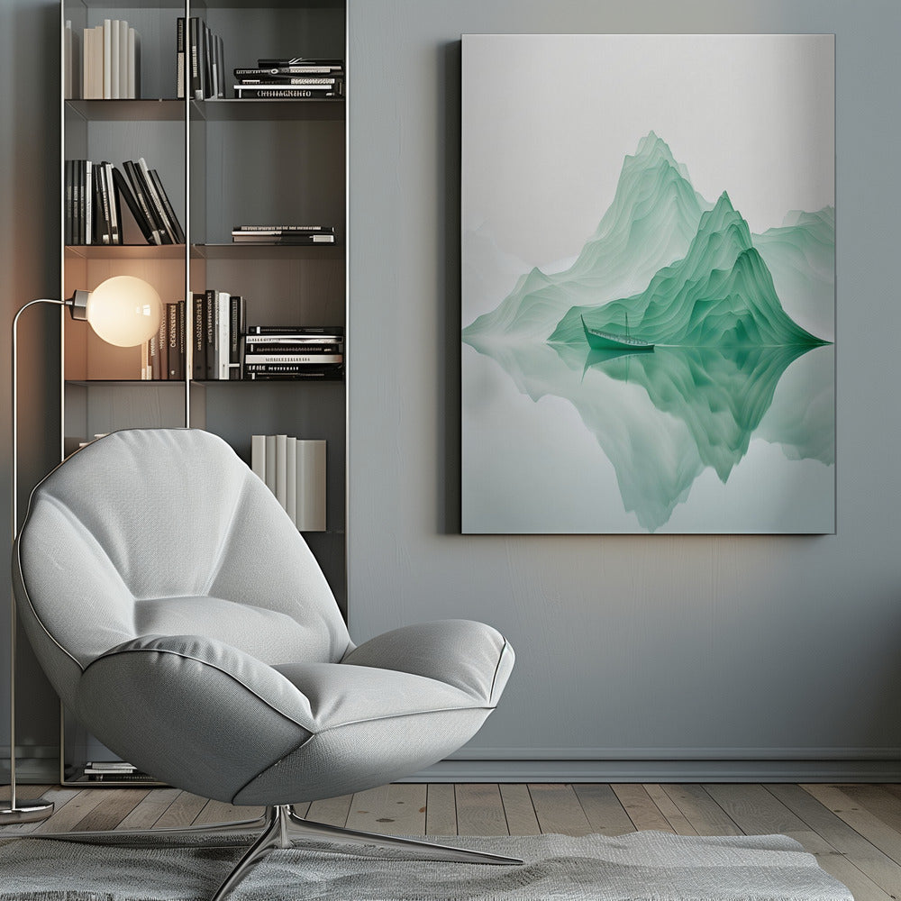 A minimalist digital artwork of a tranquil landscape featuring layered, jade-green mountains reflected in still, glassy water. A small, traditional green boat floats peacefully on the surface, adding to the serene and ethereal atmosphere. Poster