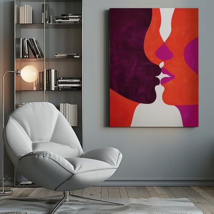 An abstract modern art piece depicting a close-up of two profiles about to kiss. The figures are composed of bold, interlocking shapes in deep purple, vibrant orange, and magenta, with white creating negative space between their lips and bodies. The artwork has a textured finish and is enclosed in a simple black frame. Wall Art