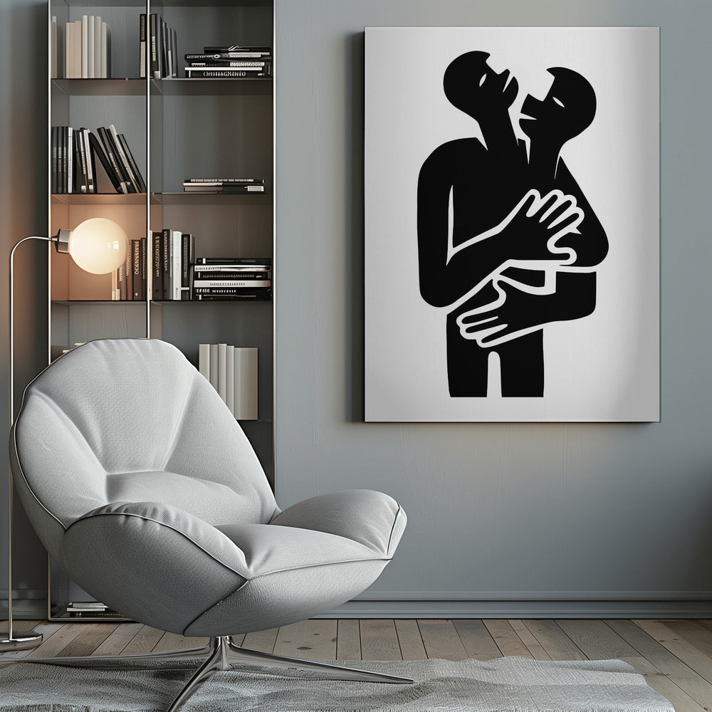 A minimalist black and white graphic art print showing two abstract human figures in a tight embrace. The figures are rendered in a bold, solid black silhouette against a stark white background, creating a high-contrast image. Their arms are wrapped around each other, and their heads are tilted back, suggesting a powerful emotion like passion, comfort, or unity. Decor