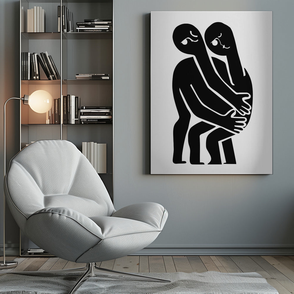 A minimalist black and white art print featuring two abstract, stylized figures in a close embrace. The figures are rendered in solid black against a plain white background, with their elongated limbs and bodies intertwined. Simple white lines within the black silhouettes create expressive facial features. The artwork is contained within a thin black frame. Wall Art