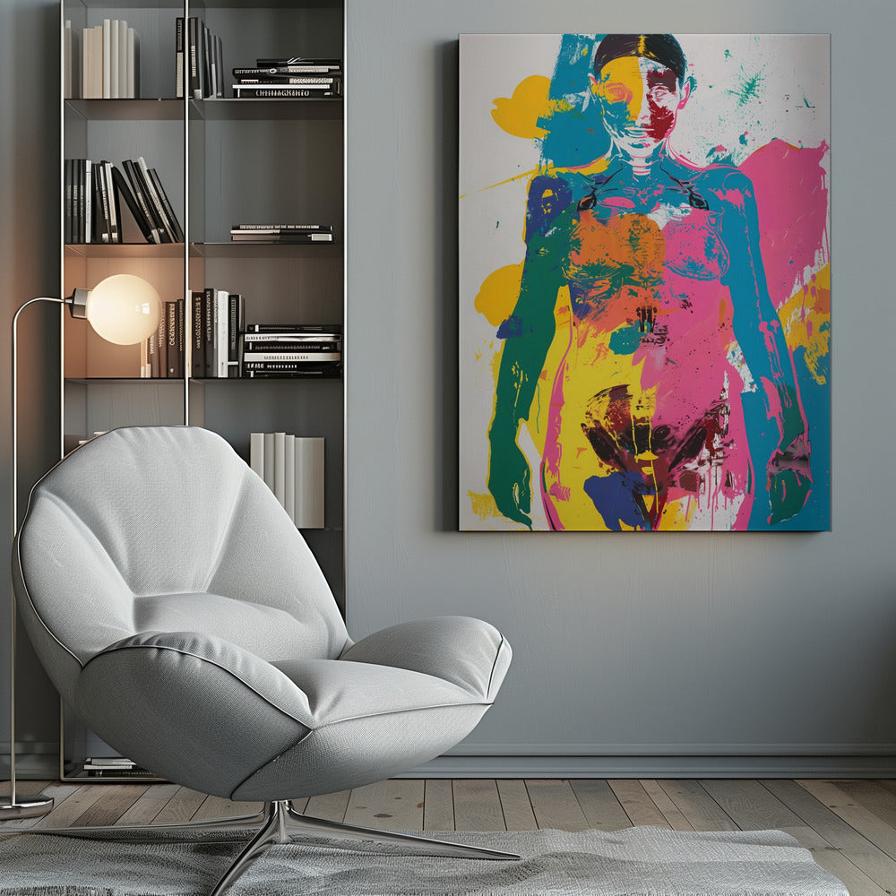An abstract pop art print of a female figure from the waist up, depicted in vibrant, overlapping blocks of color including pink, yellow, cyan, and green, with skeletal details visible, all set against a white background with paint splatters. Artwork