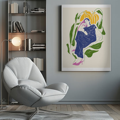 A stylized illustration of a woman in a dark blue outfit and pink heels, resting peacefully with her eyes closed amidst large green leaves and yellow flowers against a cream background. Decor