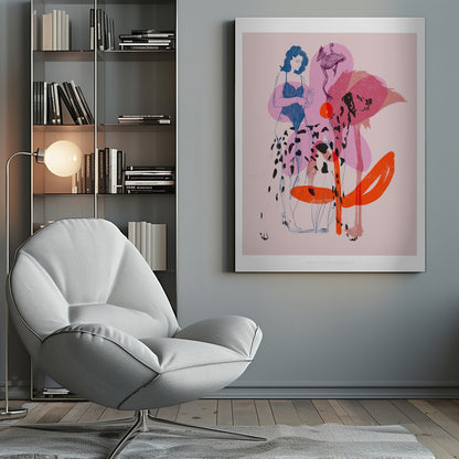 A modern, stylized illustration on a light pink background featuring a woman in a blue swimsuit holding a small potted plant. The scene includes several overlapping, semi-transparent animals: a dalmatian, a large pink flamingo, and a leaping frog. Bold orange and pink abstract shapes add to the layered composition. Poster