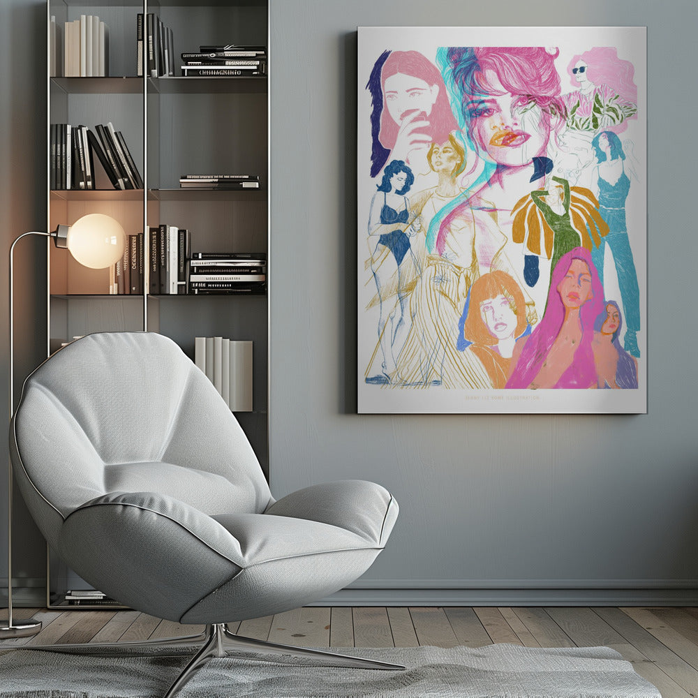 A framed art print featuring a vibrant, sketchy collage of numerous women. The central focus is a large portrait with a pink and cyan 3D effect. Surrounding it are smaller illustrations of women in various fashionable poses and outfits, rendered in a dynamic mix of pink, blue, orange, and yellow on a white background. Poster