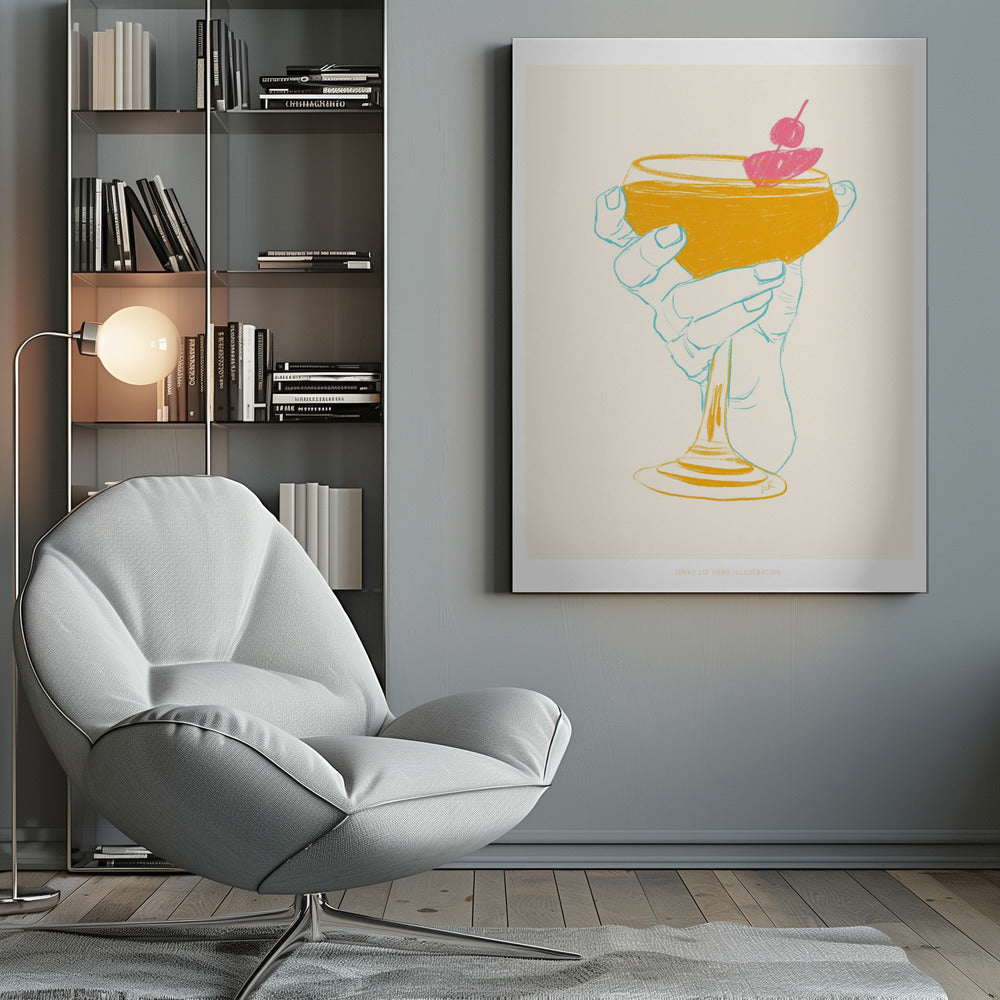 A stylized illustration of a hand holding a coupe glass with a golden-yellow cocktail, garnished with a bright pink cherry. The hand is outlined in light blue against a cream background, creating a minimalist, pop-art feel. Print