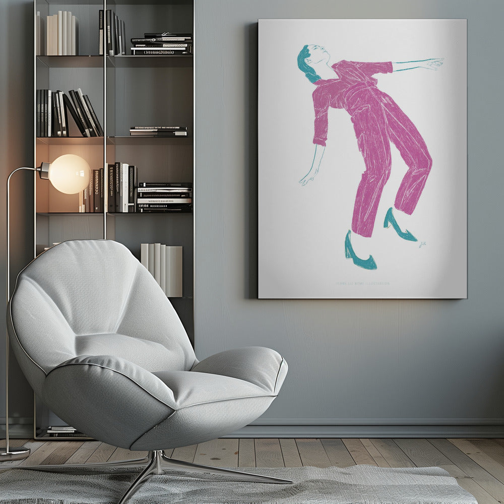 A stylized, two-color illustration of a person dancing, captured in a black frame. The figure, rendered in textured fuchsia, wears a jumpsuit and leans back dramatically. Their hair, shoes, and arm outlines are highlighted in a contrasting teal against a stark white background. Print