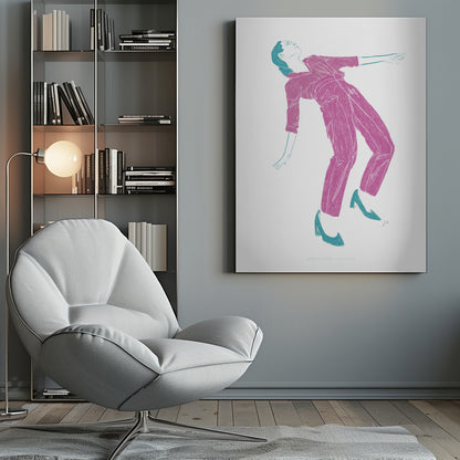 A stylized, two-color illustration of a person dancing, captured in a black frame. The figure, rendered in textured fuchsia, wears a jumpsuit and leans back dramatically. Their hair, shoes, and arm outlines are highlighted in a contrasting teal against a stark white background. Print