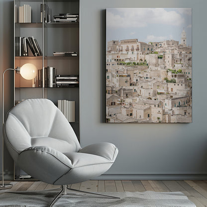 A vertical photograph of the ancient, stone city of Matera, Italy, with its dense collection of beige buildings and tiled roofs built up a hillside under a pale blue sky. A white bell tower stands out against the skyline. Poster