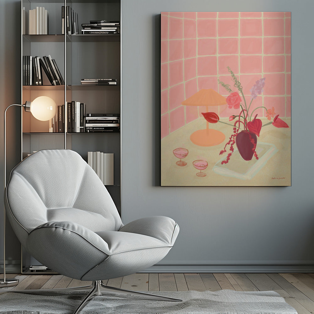 A painterly still life illustration of a countertop against a pink tiled wall, featuring a burgundy vase with an arrangement of red and pink flowers, an orange lamp, and two coupe glasses filled with a pink beverage. Poster