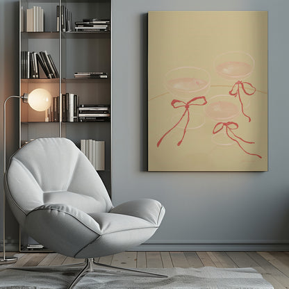 A minimalist illustration featuring three coupe-style champagne glasses filled with pink liquid, each adorned with a red ribbon tied in a bow, set against a solid pale greenish-beige background. Poster