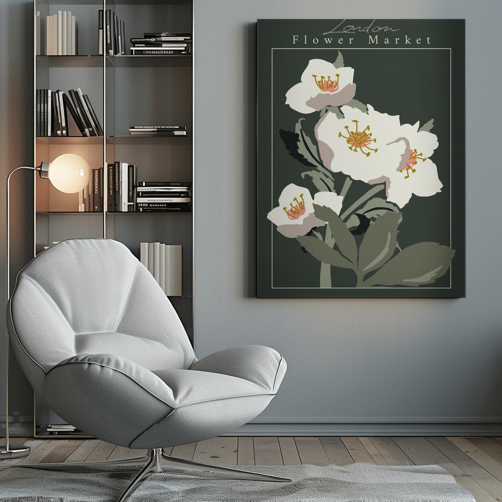 A vintage-style art print of the 'London Flower Market', featuring stylized white hellebore flowers with pink and gold centers on green stems, set against a dark, moody green background. The image is framed with a thin white line and a larger black border. Artwork