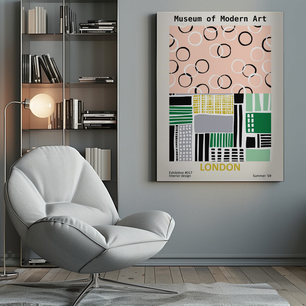 A retro-style exhibition poster for the Museum of Modern Art in London. The top half features scattered black and white circles on a pale pink background. The bottom half is an abstract geometric collage of shapes and patterns in green, yellow, black, and grey. Text at the bottom reads 'Exhibition #017 Interior design', 'LONDON', and 'Summer '69'. Print