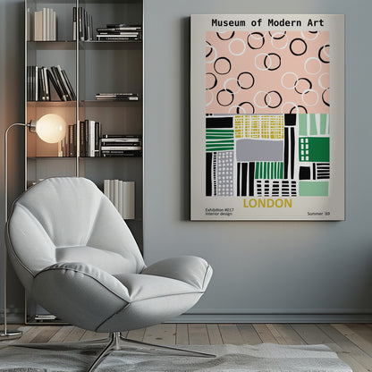 A retro-style exhibition poster for the Museum of Modern Art in London. The top half features scattered black and white circles on a pale pink background. The bottom half is an abstract geometric collage of shapes and patterns in green, yellow, black, and grey. Text at the bottom reads 'Exhibition #017 Interior design', 'LONDON', and 'Summer '69'. Print
