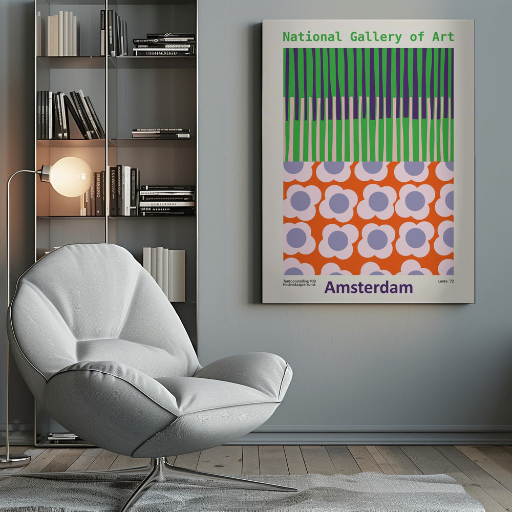 A retro-style framed poster for a 'National Gallery of Art' exhibition in 'Amsterdam'. The artwork is divided into two sections: the top half has vertical stripes in green, purple, and light pink, while the bottom half features a repeating pattern of stylized flowers with pink petals and periwinkle centers on a bright orange background. Artwork