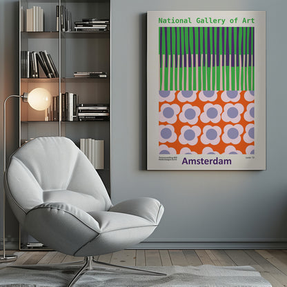 A retro-style framed poster for a 'National Gallery of Art' exhibition in 'Amsterdam'. The artwork is divided into two sections: the top half has vertical stripes in green, purple, and light pink, while the bottom half features a repeating pattern of stylized flowers with pink petals and periwinkle centers on a bright orange background. Artwork