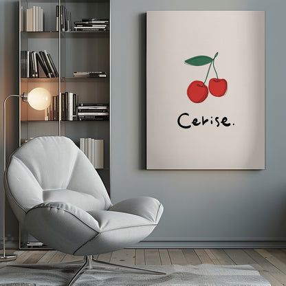 A minimalist illustration of two red cherries with a green leaf on a cream background, displayed in a black frame. The drawing is a simple continuous black line filled with color. Below the cherries, the word 'Cerise.' is written in a black, handwritten style. Poster
