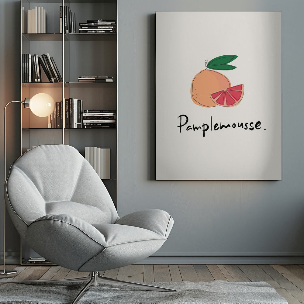 A minimalist art print featuring a stylized illustration of a whole grapefruit and a cut wedge. The fruit is peach-colored with a vibrant pink interior, topped with green leaves. Below the illustration, the French word 'Pamplemousse.' is written in a casual black script. The background is a soft off-white, and the print is enclosed in a simple black frame. Wall Art