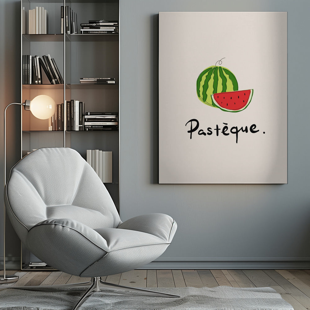 A framed art print featuring a simple, stylized illustration of a whole watermelon and a juicy red slice. Below the fruit, the French word 'Pastèque.' is written in black cursive script on a light cream background. Decor