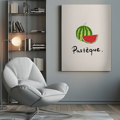 A framed art print featuring a simple, stylized illustration of a whole watermelon and a juicy red slice. Below the fruit, the French word 'Pastèque.' is written in black cursive script on a light cream background. Decor