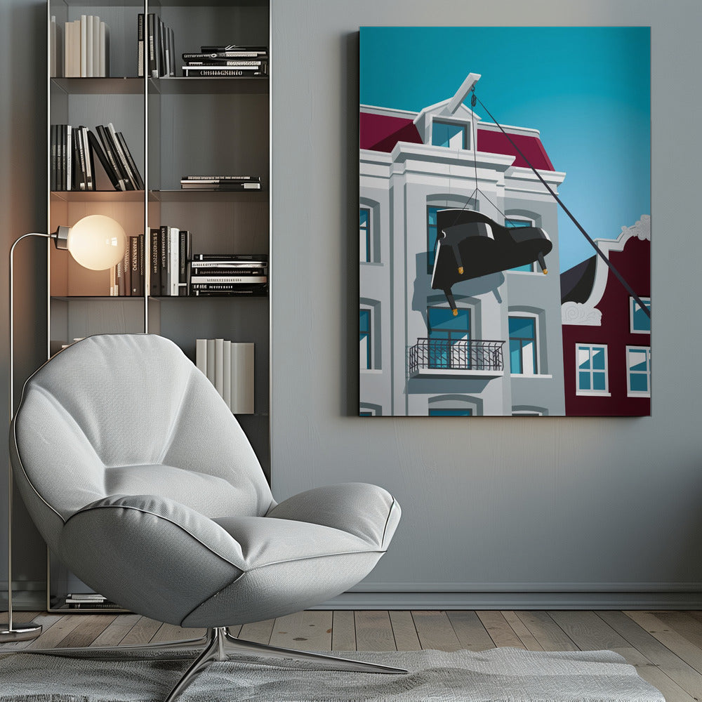 A graphic illustration of a black grand piano being hoisted up the side of a gray Amsterdam-style building with a red roof, using a pulley system attached to the gable. The scene is set against a clear, bright blue sky. Artwork