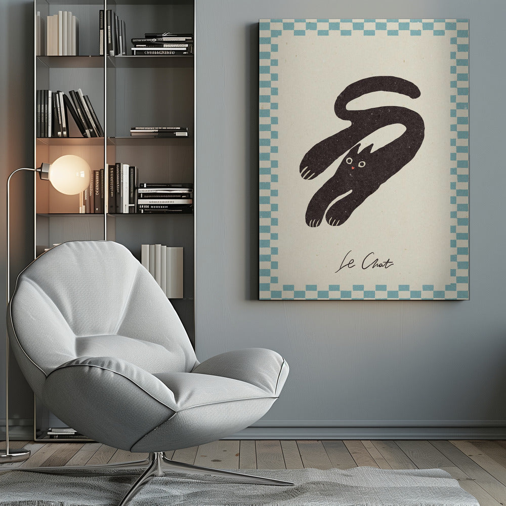 A vintage-style art print of a stylized black cat with an elongated, curving body. The cat has wide eyes and is set against a cream background with a blue and cream checkered border. Below the cat, the words 'Le Chat' are written in cursive script. The artwork is presented in a simple black frame. Print